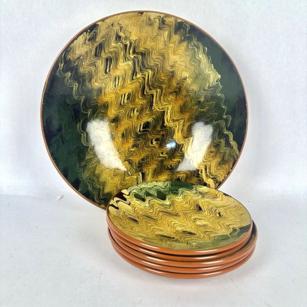Plastic Yellow Green Brown  Marble patterned Bowl And 5 Salad Plates Melamine?